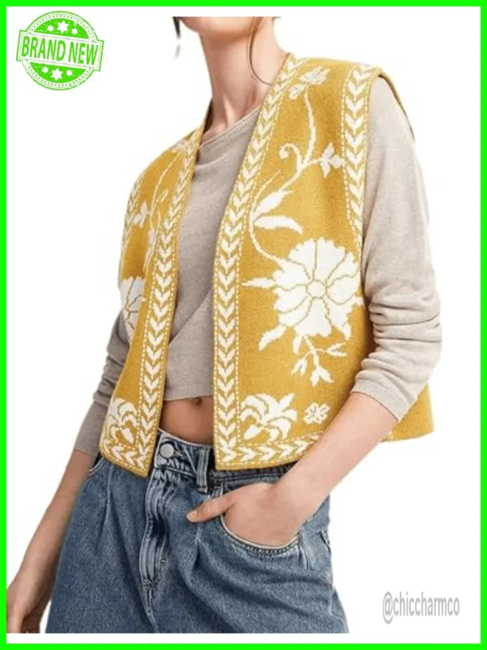 Sleeveless Knit Cardigan Vest Cropped Boho Top Floral Print